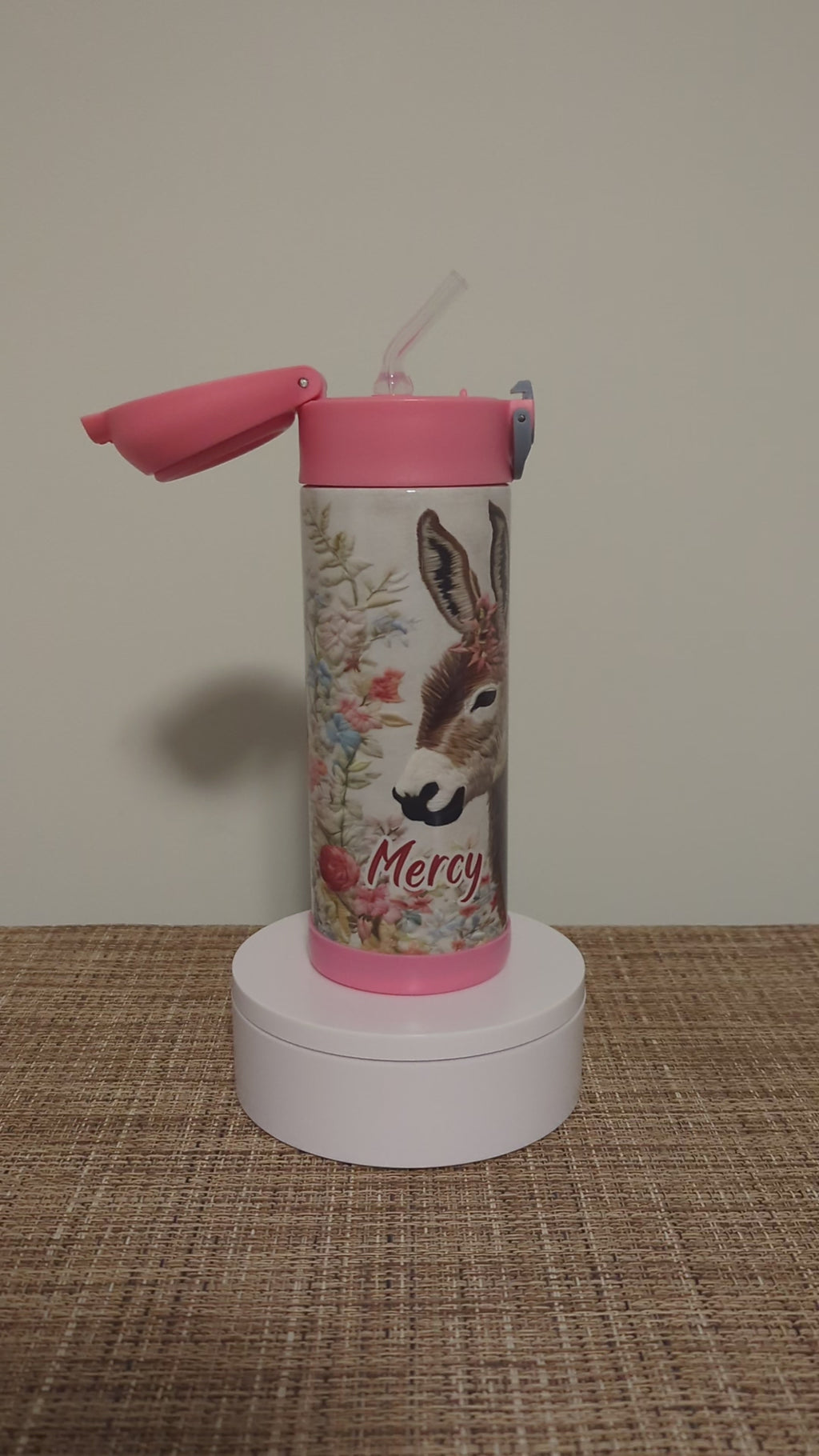Kids Donkey Water Bottle 12oz With Reusable Straw Can Be Personalized