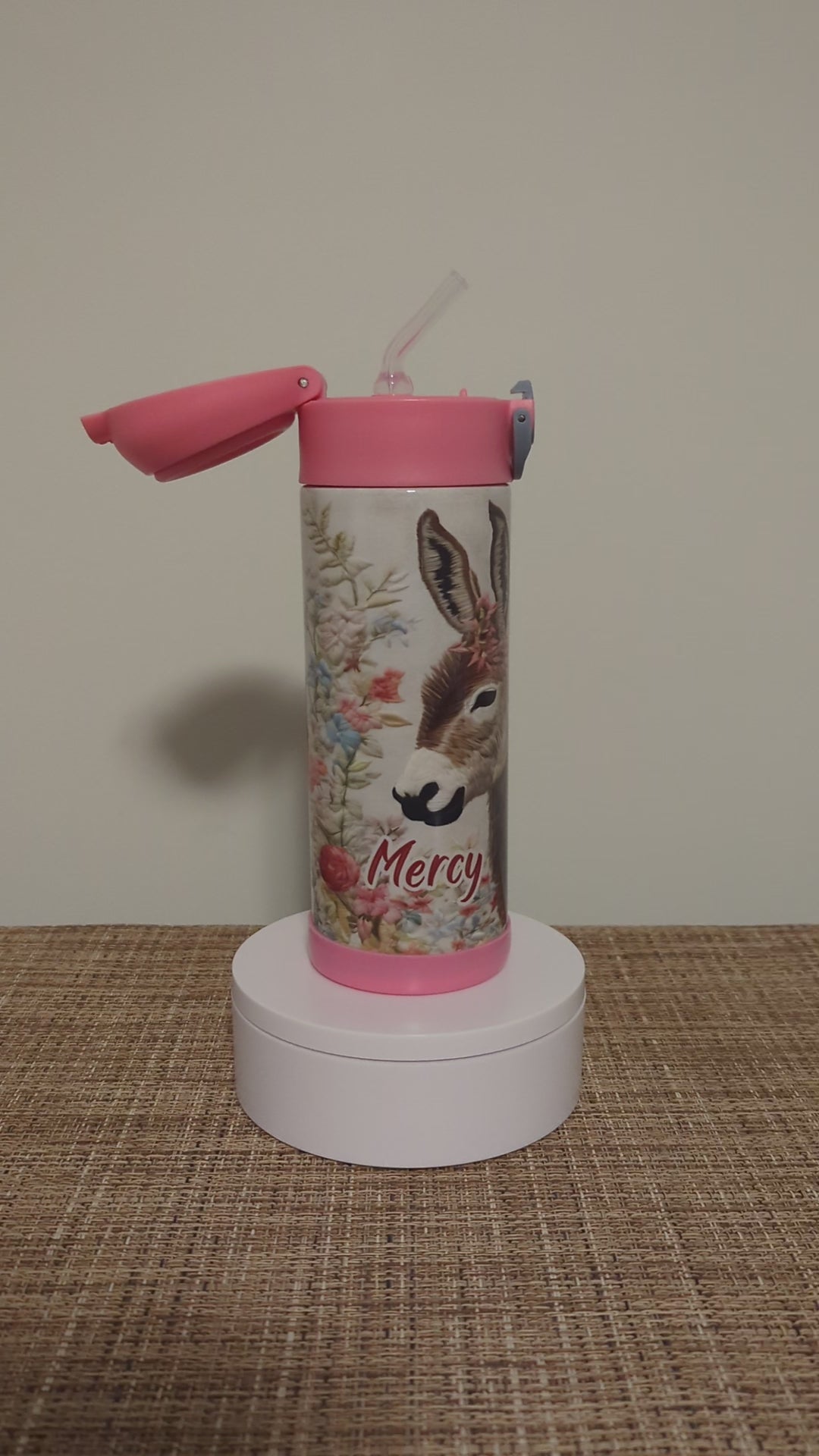 Kids Donkey Water Bottle 12oz With Reusable Straw Can Be Personalized