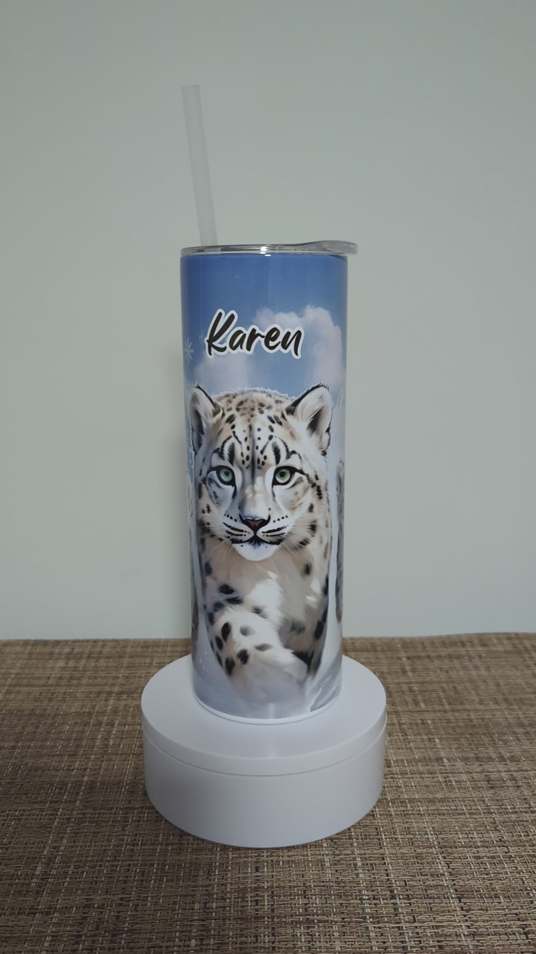 Snow Leopard Tumbler 20oz With Reusable Straw, Can Be Personalized
