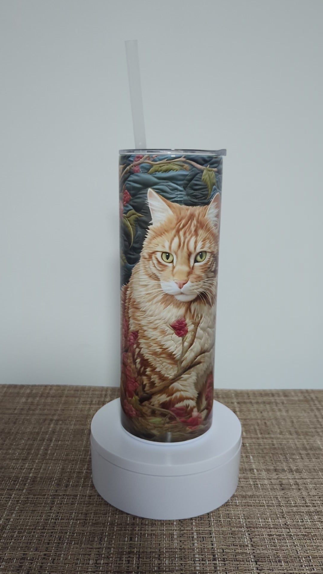Cat Tumbler with Embroidered Orange Tabby Cat Design 20oz With Reusable Straw, Can Be Personalized