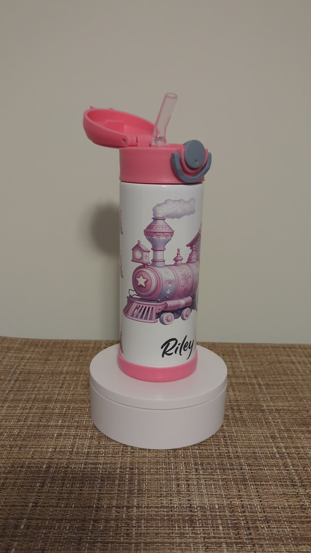 Kids Pink Train Water Bottle 12oz With Reusable Straw Can Be Personalized