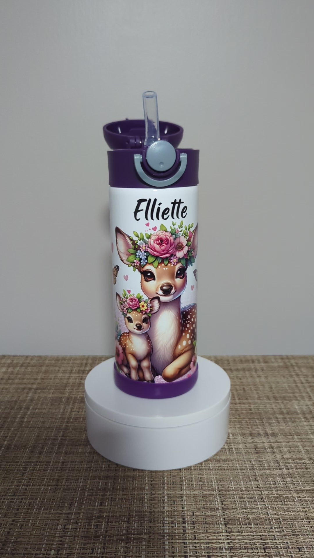 Kids Deer Water Bottle With A Glitter Design 12oz With Reusable Straw, Can Be Personalized