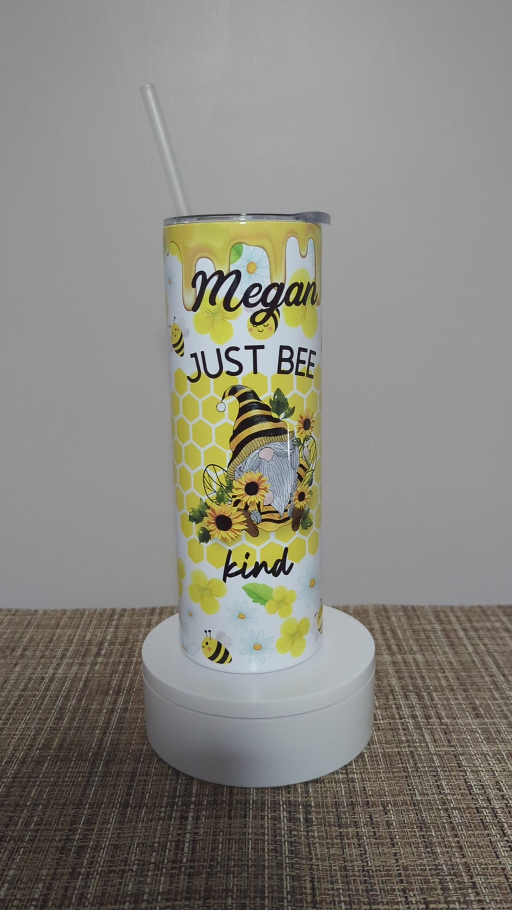 Just Bee Kind Honey Bee Gnome Tumbler 20oz With Reusable Straw, Can Be Personalized