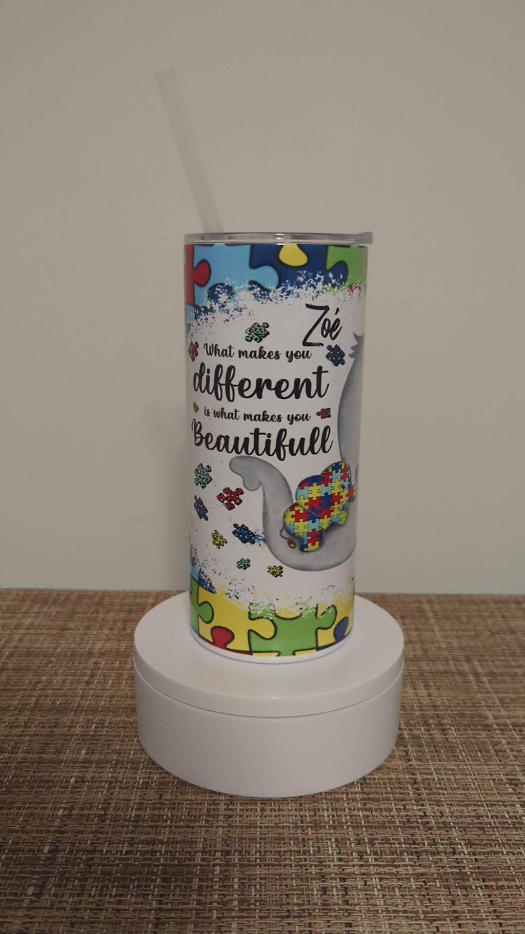 Autism Tumbler With A Cute Elephant 15oz With Reusable Straw, Can Be Personalized
