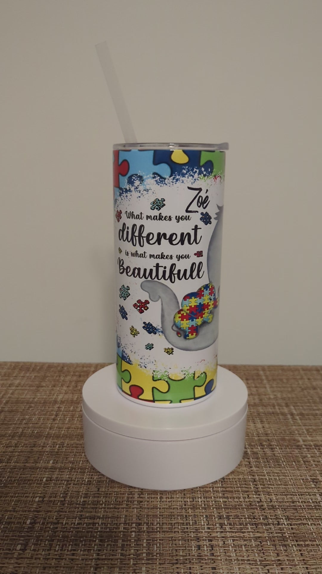 Autism Tumbler With A Cute Elephant 15oz With Reusable Straw, Can Be Personalized