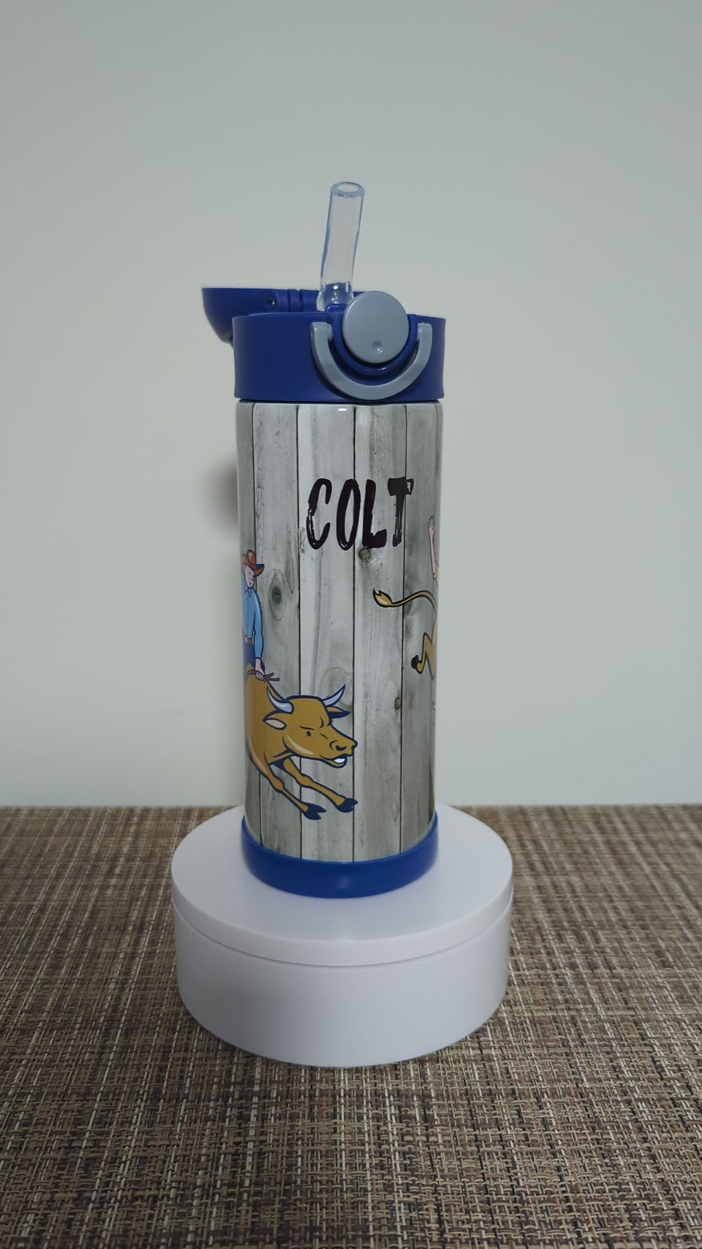 Kids Bull Riding Water Bottle 12oz With Reusable Straw Can Be Personalized