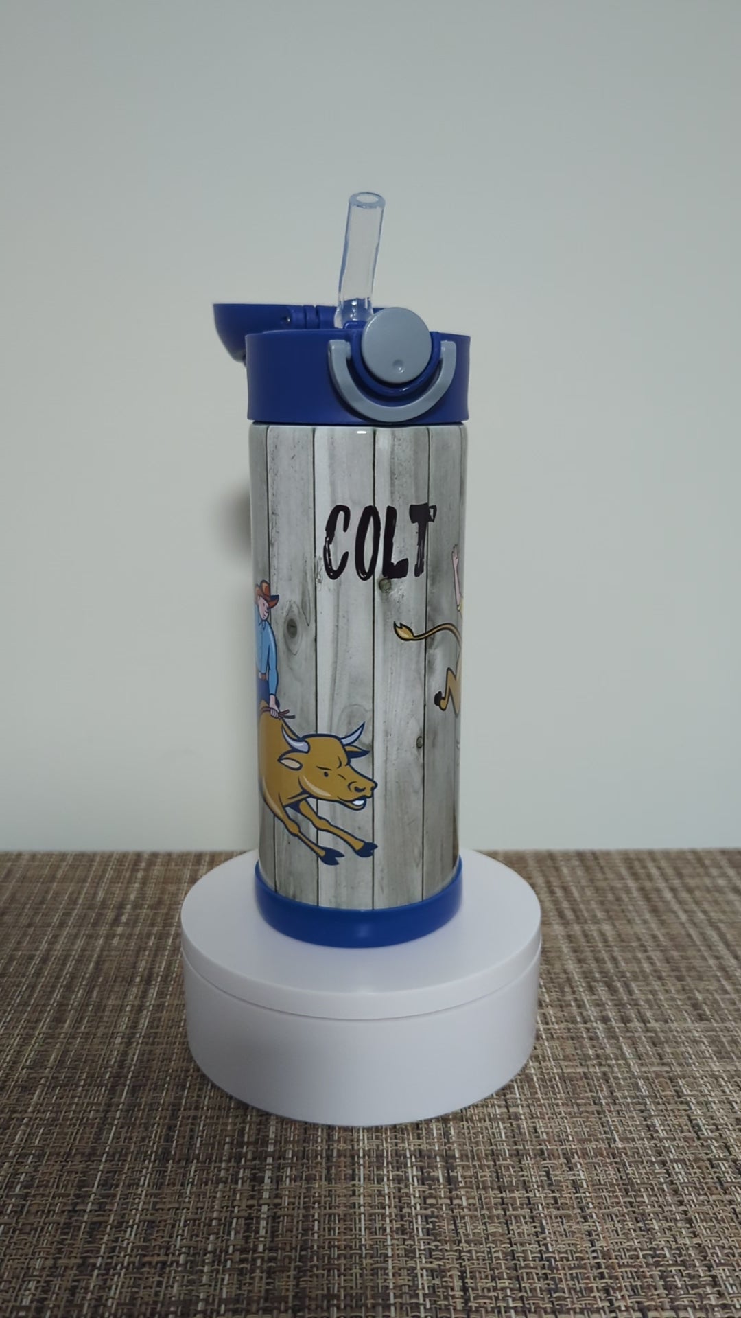 Kids Bull Riding Water Bottle 12oz With Reusable Straw Can Be Personalized