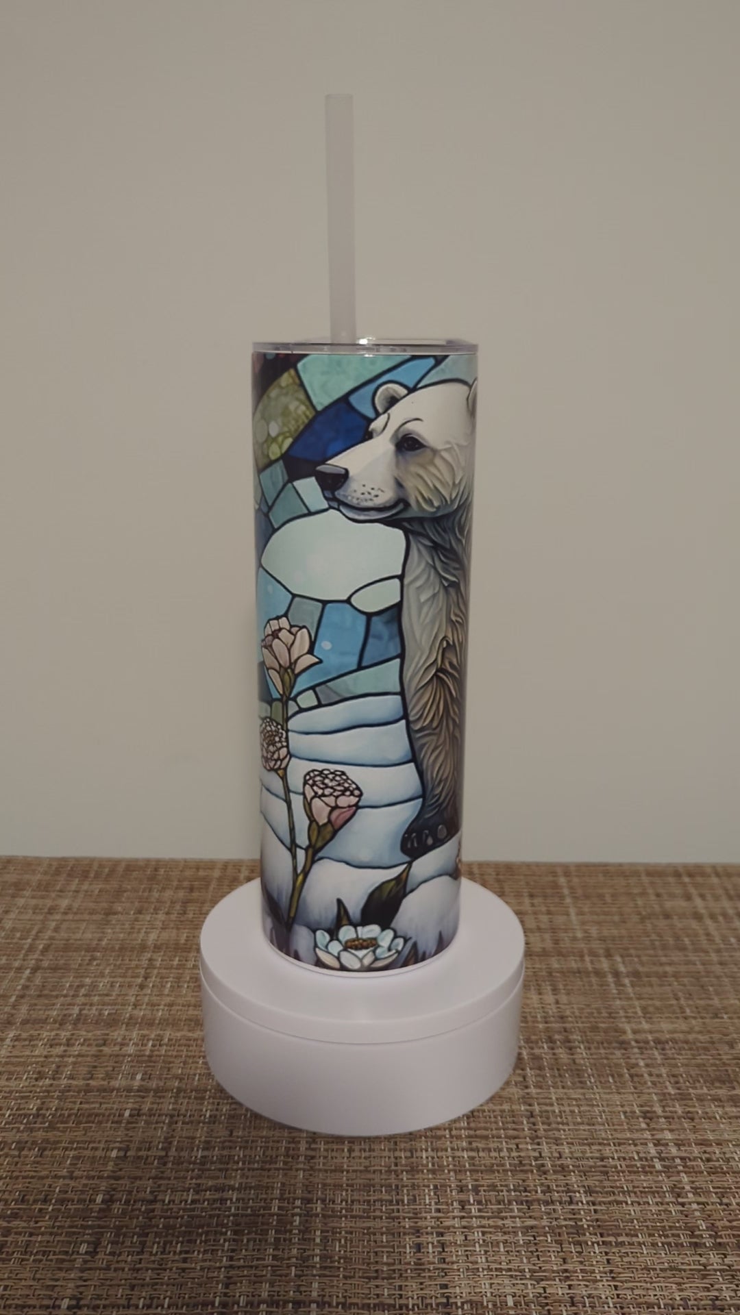 Polar Bear Tumbler with Stained Glass Design 20oz With Reusable Straw, Can Be Personalized
