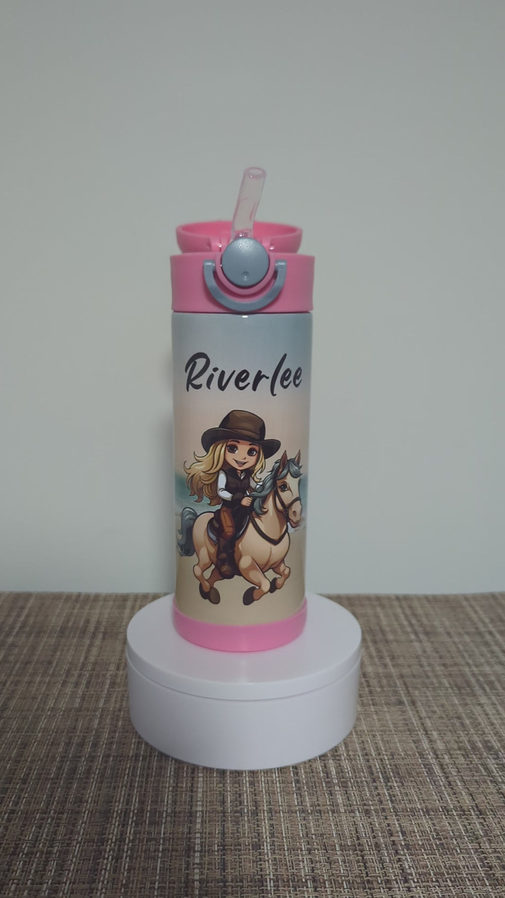 Cute Blonde Cowgirl and Pony Kids Water Bottle 12oz With Reusable Straw Can Be Personalized