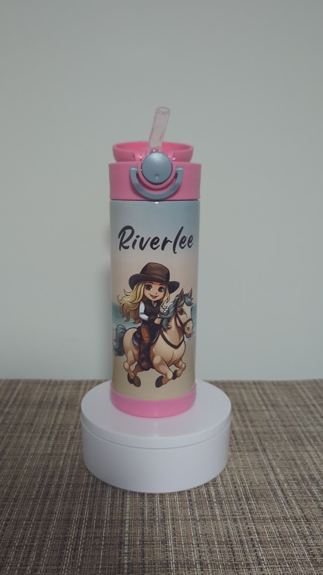 Cute Blonde Cowgirl and Pony Kids Water Bottle 12oz With Reusable Straw Can Be Personalized