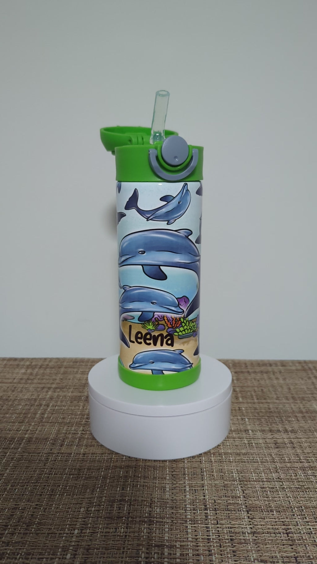 Kids Dolphin Water Bottle 12oz With Reusable Straw Can Be Personalized