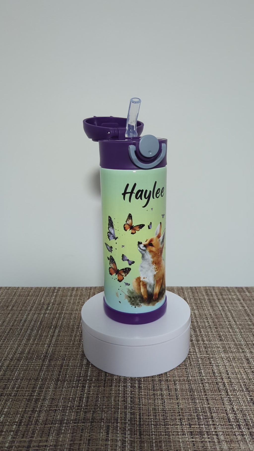 Kids Red Fox Water Bottle 12oz With Reusable Straw Can Be Personalized