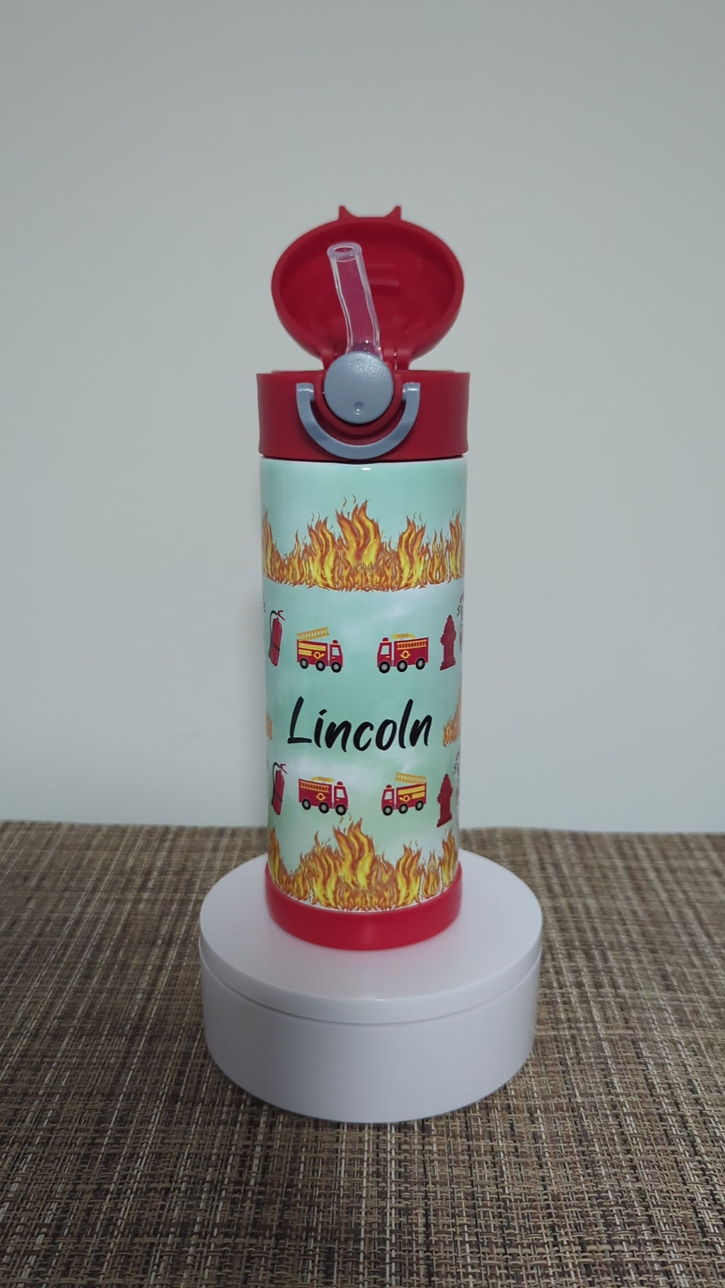 Kids Firetruck Water Bottle 12oz With Reusable Straw Can Be Personalized