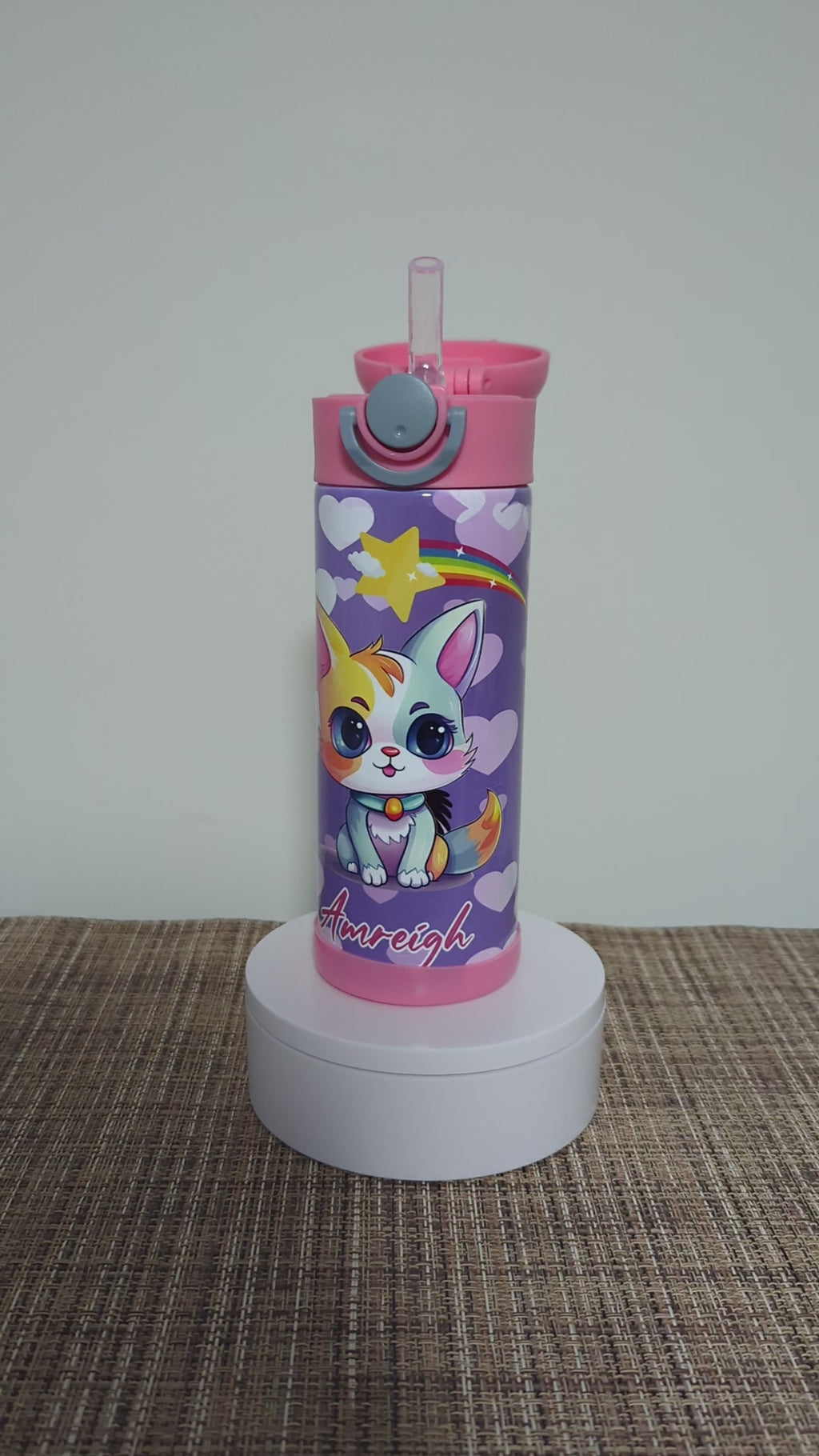 Kids Cat Water Bottle 12oz With Reusable Straw Can Be Personalized