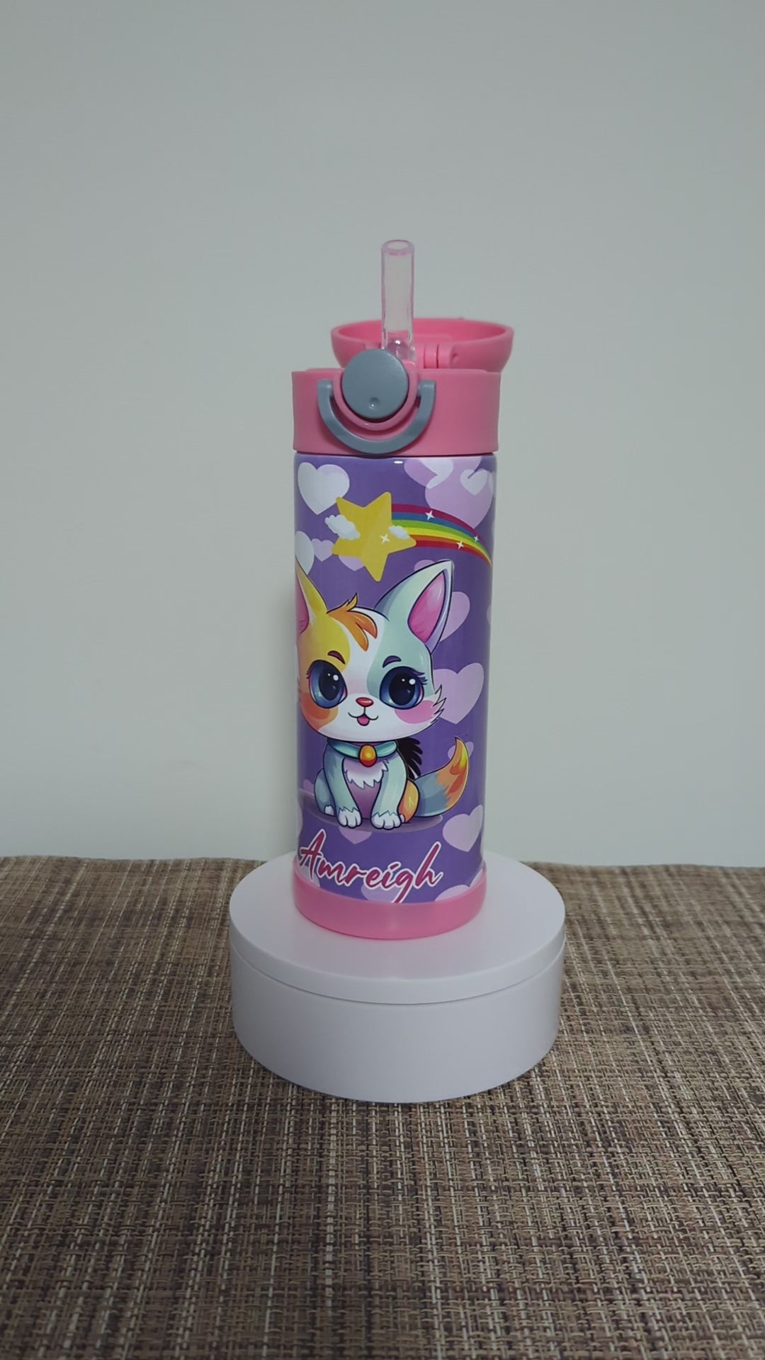 Kids Cat Water Bottle 12oz With Reusable Straw Can Be Personalized
