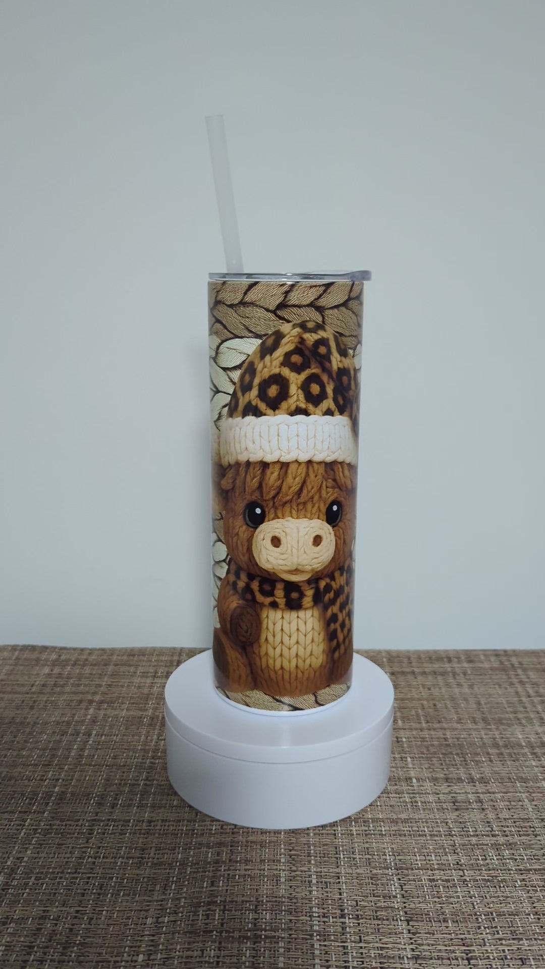 Crochet Design Highland Cow With A Leopard Print Tumbler 20oz With Reusable Straw, Can Be Personalized
