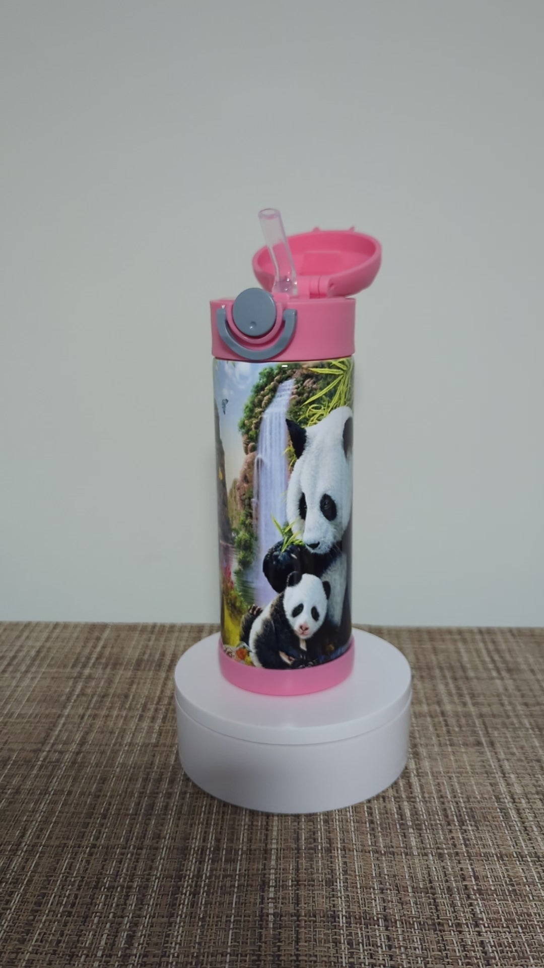 Kids Panda Bear Water Bottle 12oz With Reusable Straw Can Be Personalized