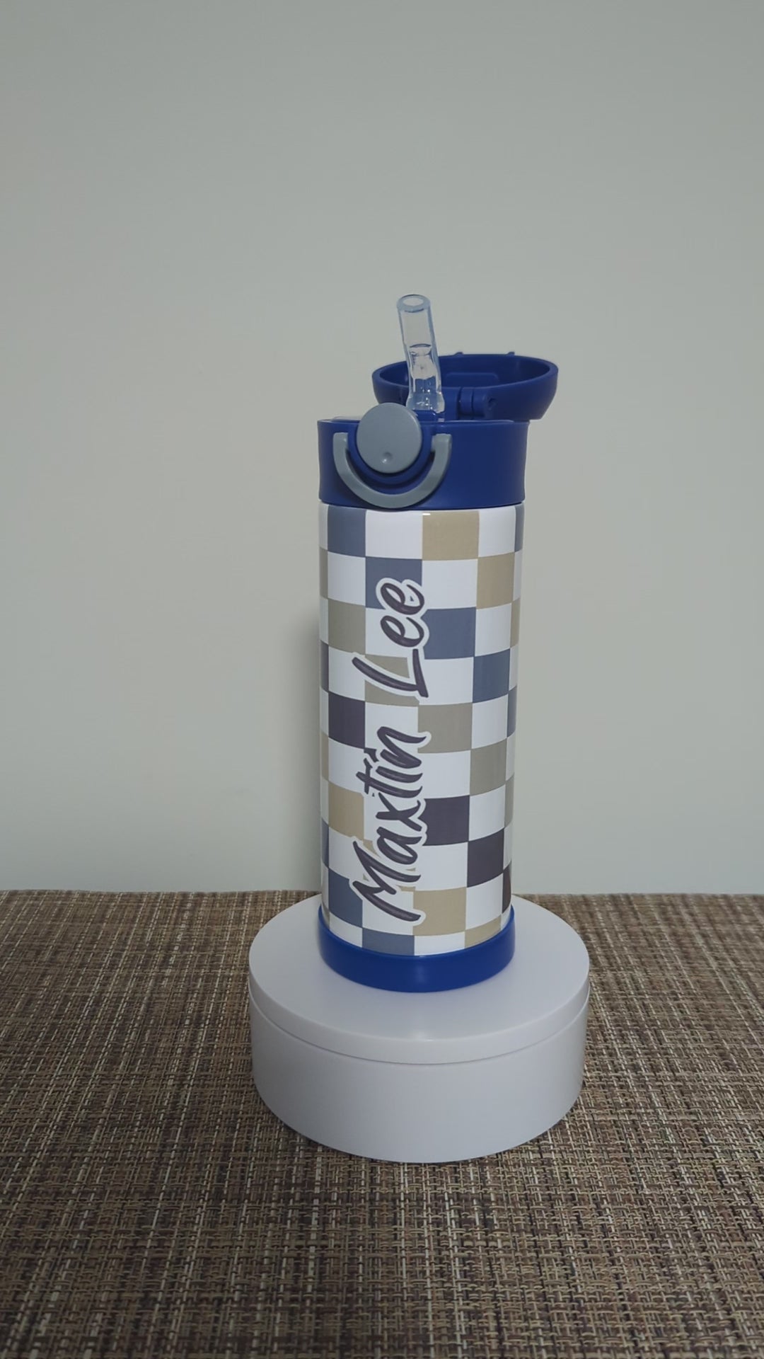 Kids Checkered Water Bottle 12oz With Reusable Straw Can Be Personalized