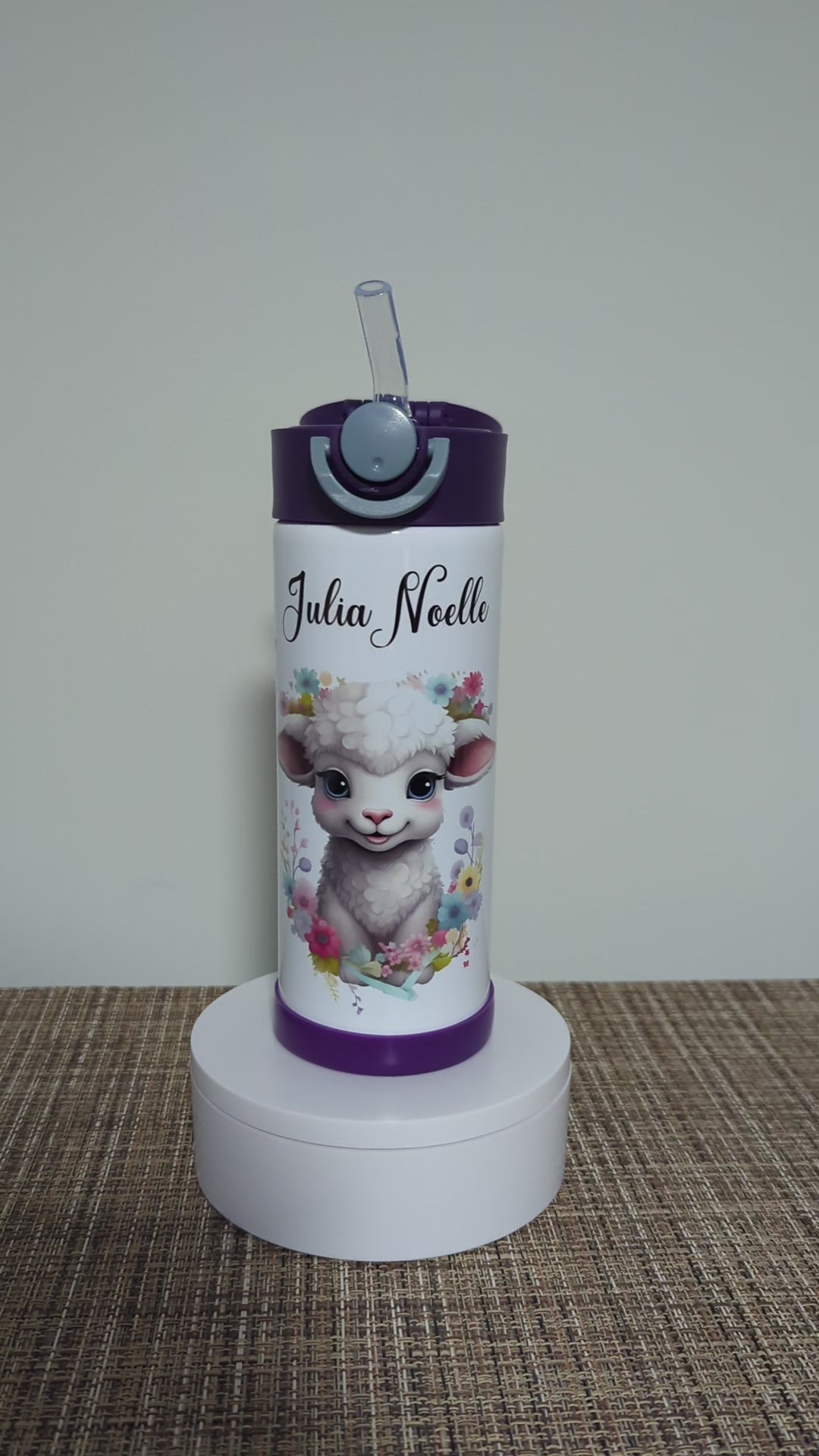 Adorable Kids Lamb Water Bottle 12oz With Reusable Straw Can Be Personalized