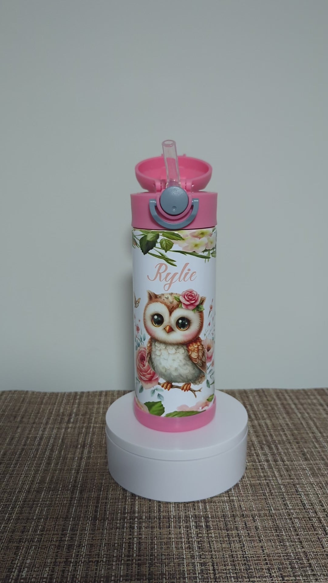 Adorable Kids Owl Water Bottle 12oz With Reusable Straw Can Be Personalized