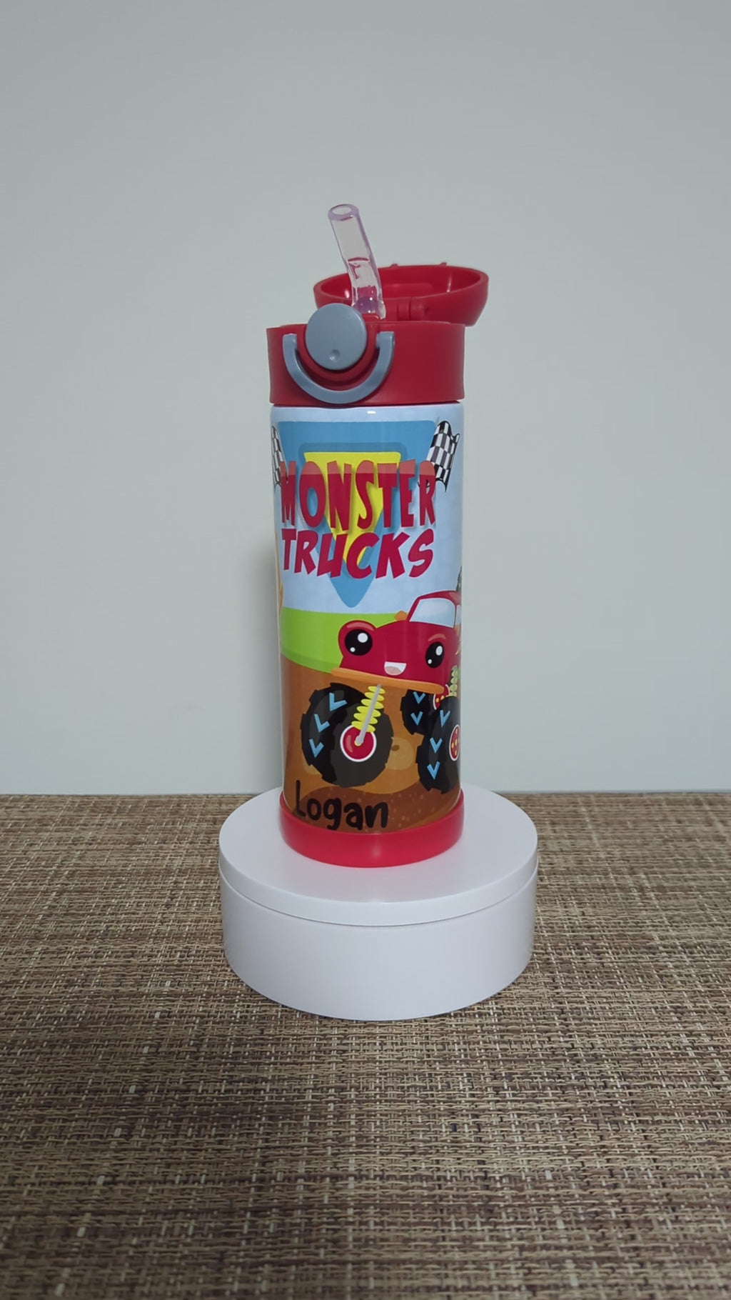 Kids Monster Truck Water Bottle 12oz With Reusable Straw Can Be Personalized