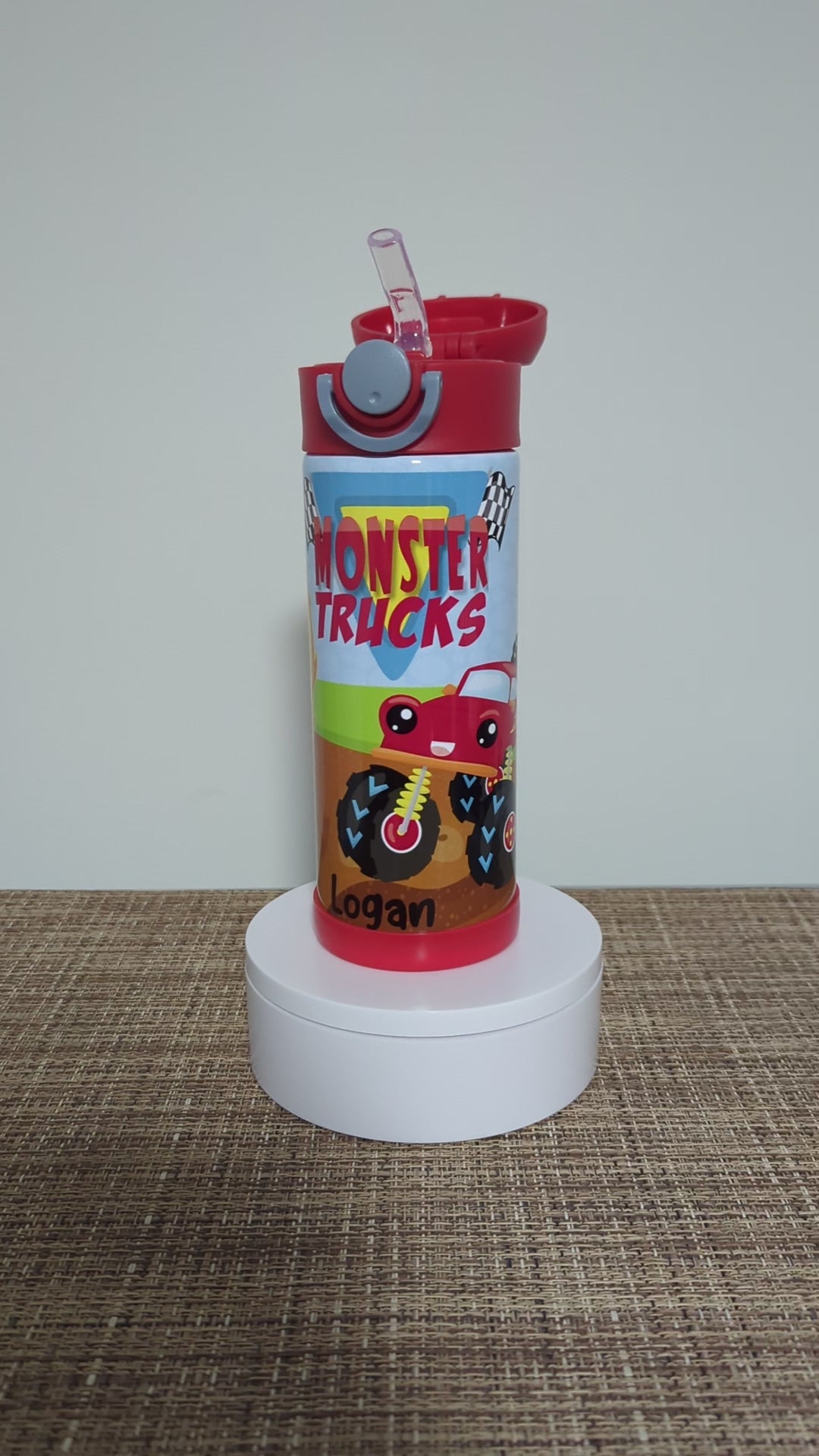 Kids Monster Truck Water Bottle 12oz With Reusable Straw Can Be Personalized