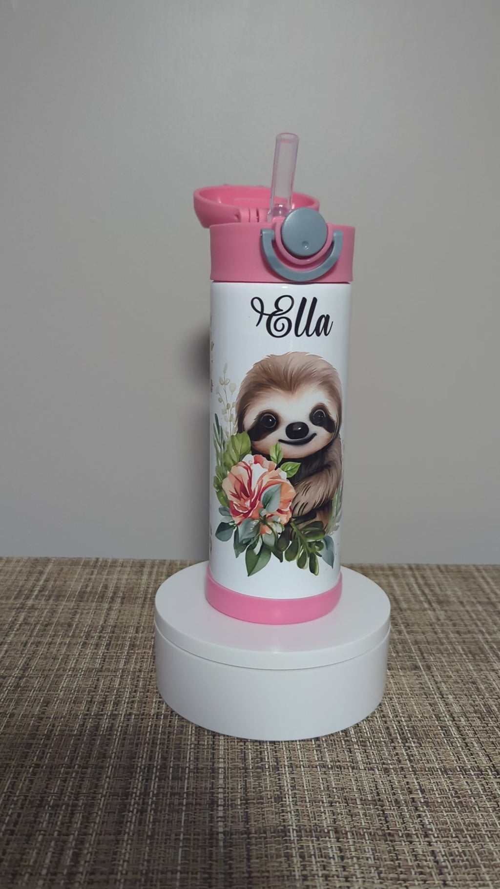 Adorable Sloth Water Bottle for Kids 12oz With Reusable Straw Can Be Personalized