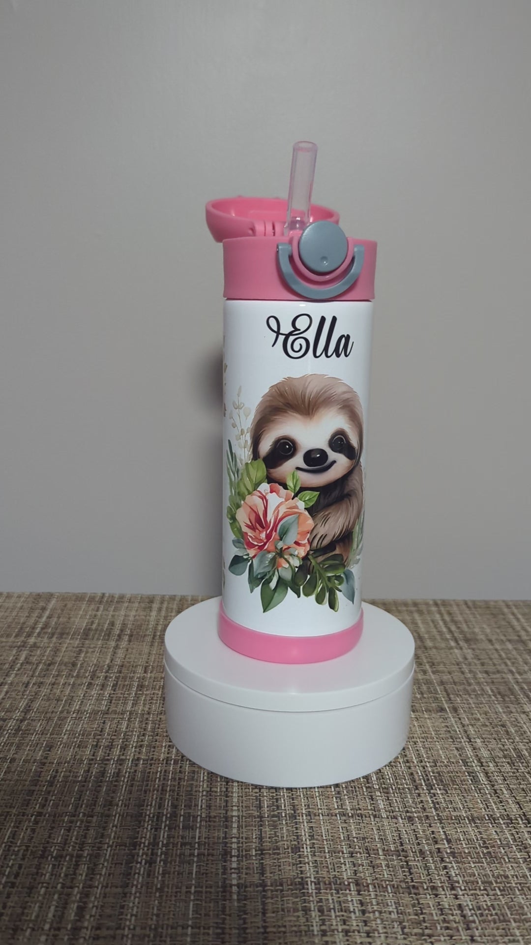 Adorable Sloth Water Bottle for Kids 12oz With Reusable Straw Can Be Personalized