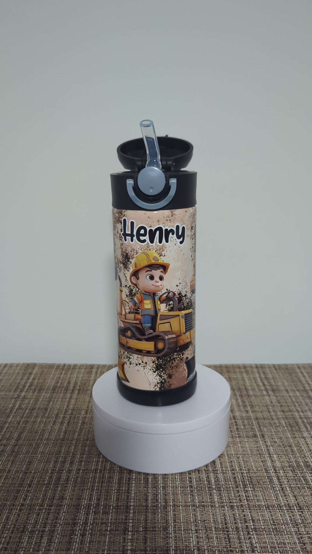 Kids Construction Water 12oz With Reusable Straw Can Be Personalized