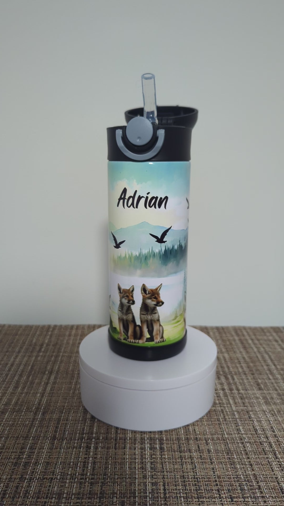 Kids Wolf Water Bottle 12oz With Reusable Straw Can Be Personalized