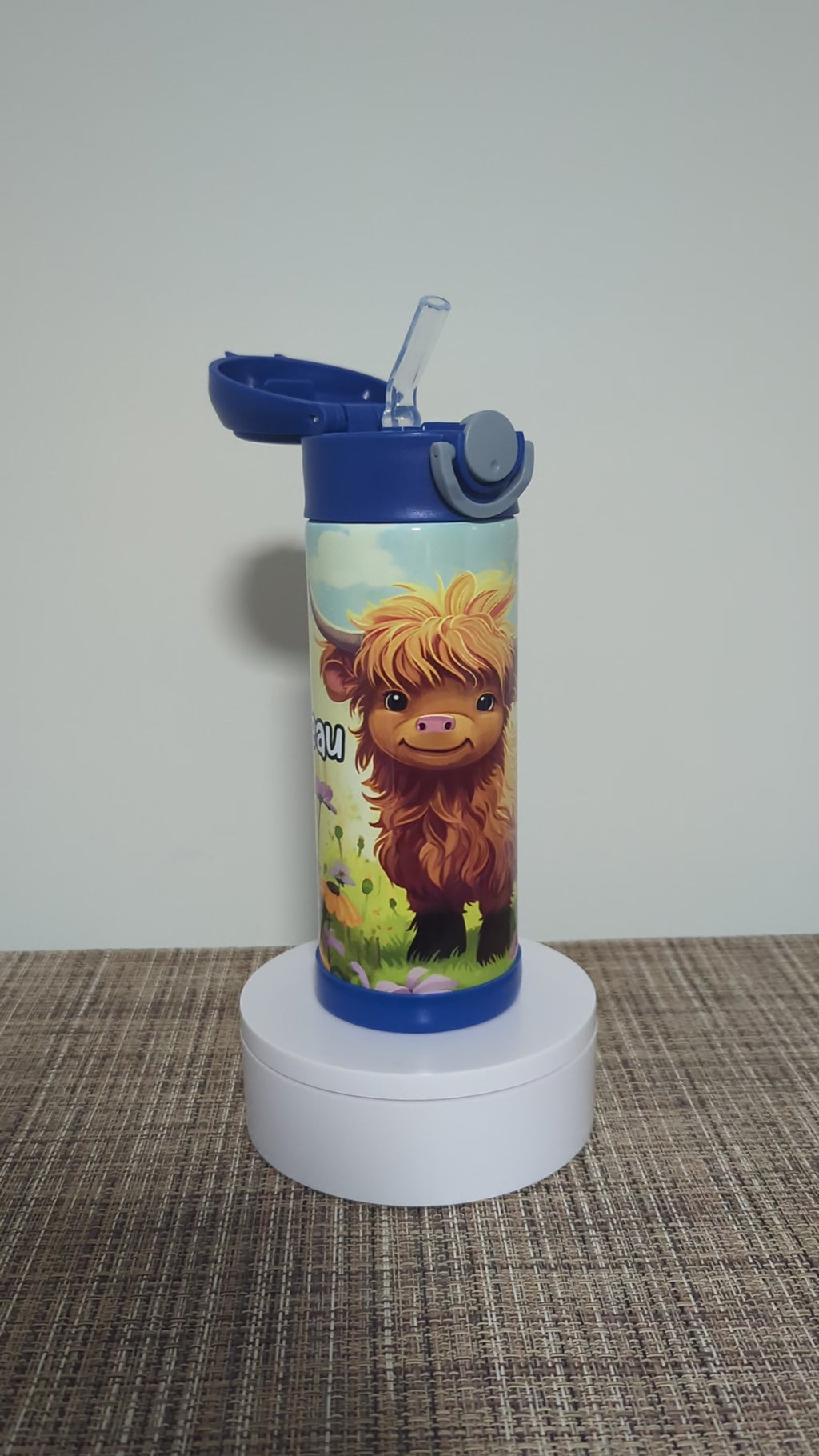 Kids Highland Cow Water Bottle 12oz With Reusable Straw Can Be Personalized