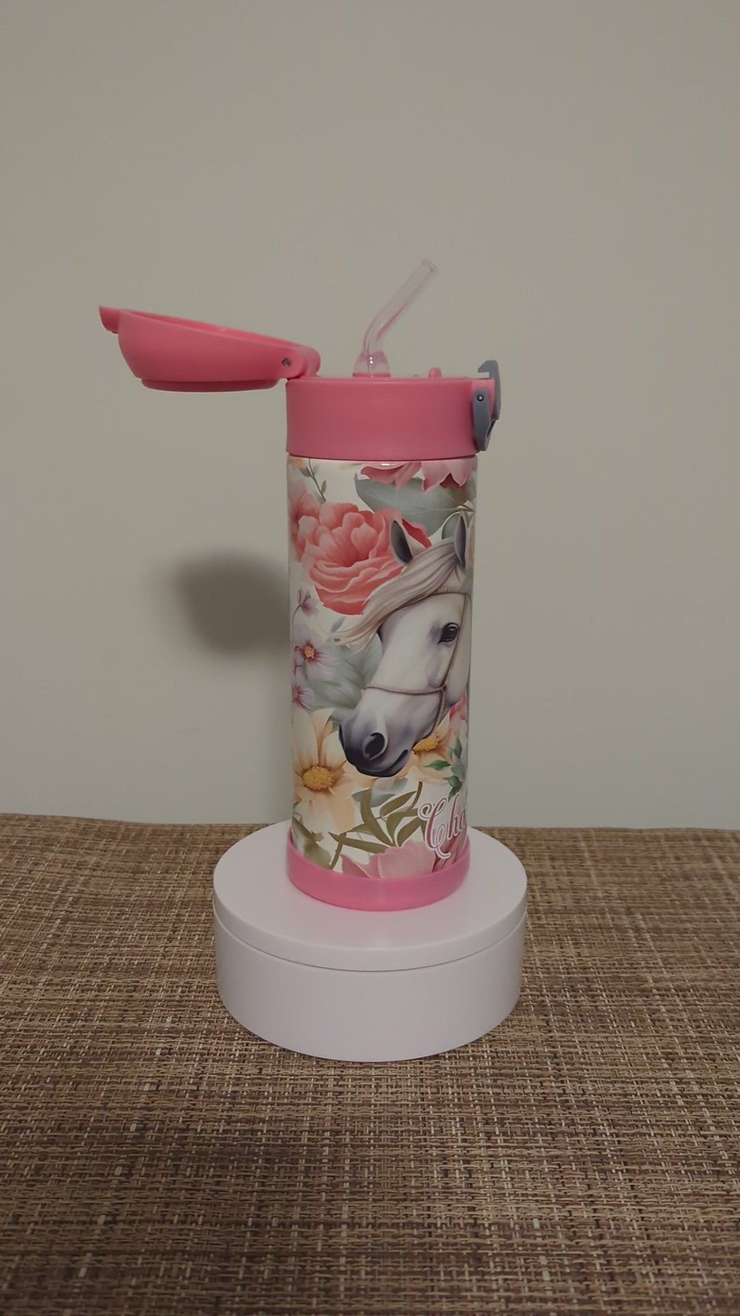 Kids Horse Water Bottle 12oz With Reusable Straw Can Be Personalized