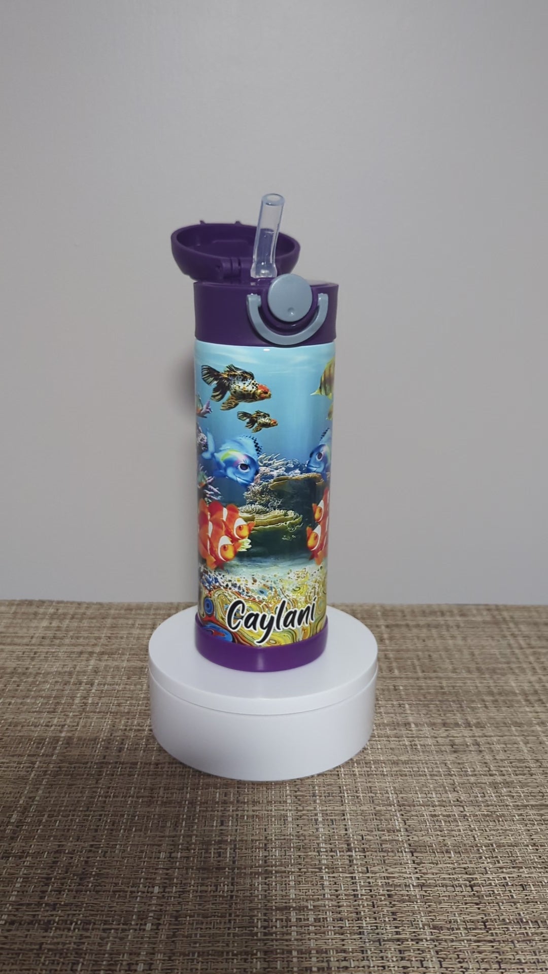 Kids Fish Aquarium Design Water Bottle 12oz With Reusable Straw Can Be Personalized