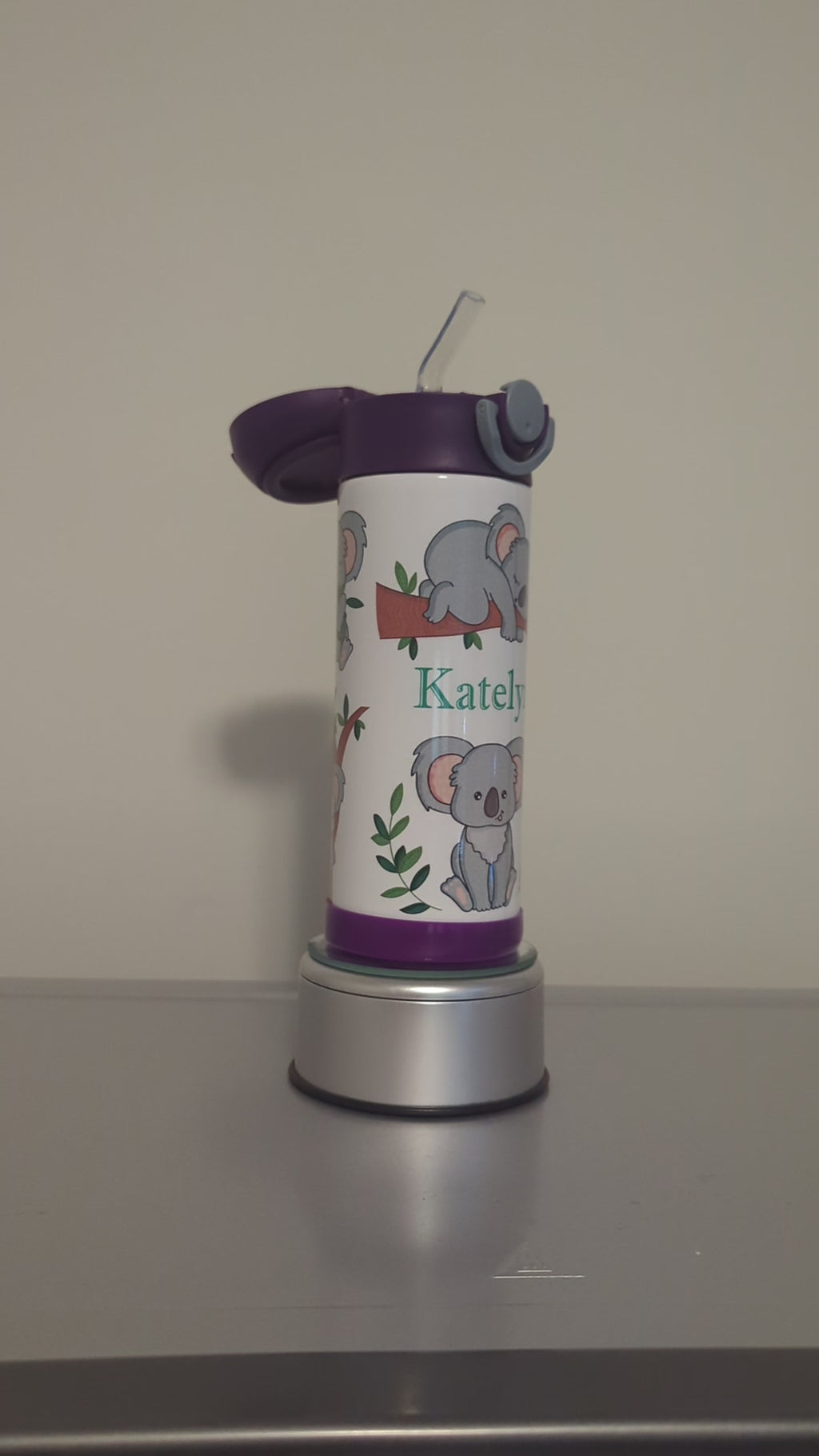 Kids Koala Bear Water Bottle 12oz With Reusable Straw Can Be Personalized