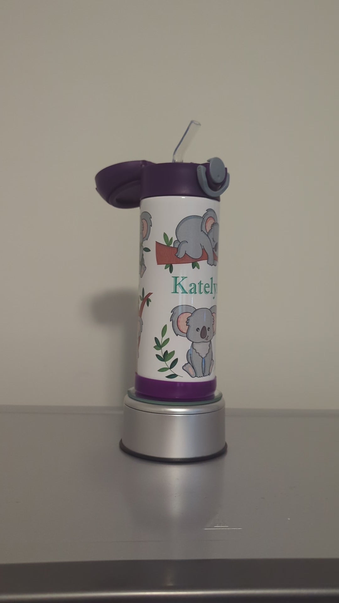 Kids Koala Bear Water Bottle 12oz With Reusable Straw Can Be Personalized
