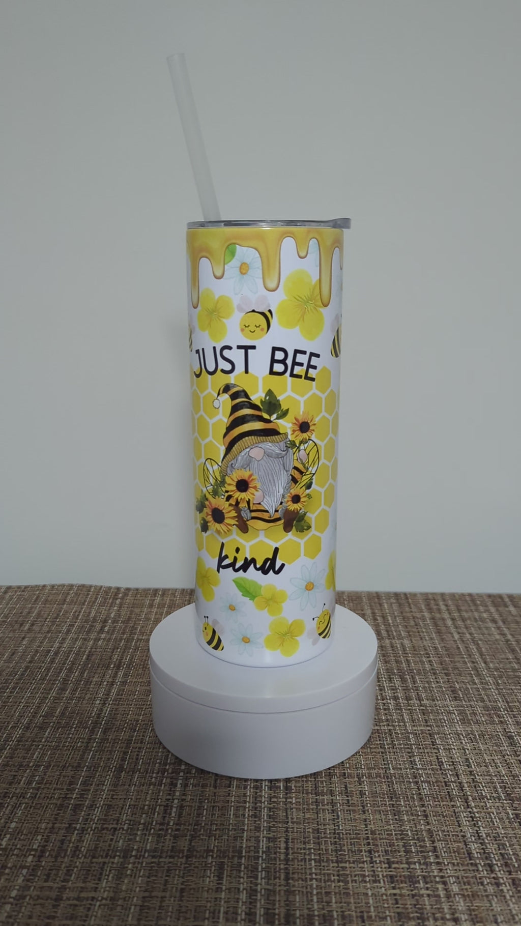 Just Bee Kind Honey Bee Gnome Tumbler 20oz With Reusable Straw, Can Be Personalized