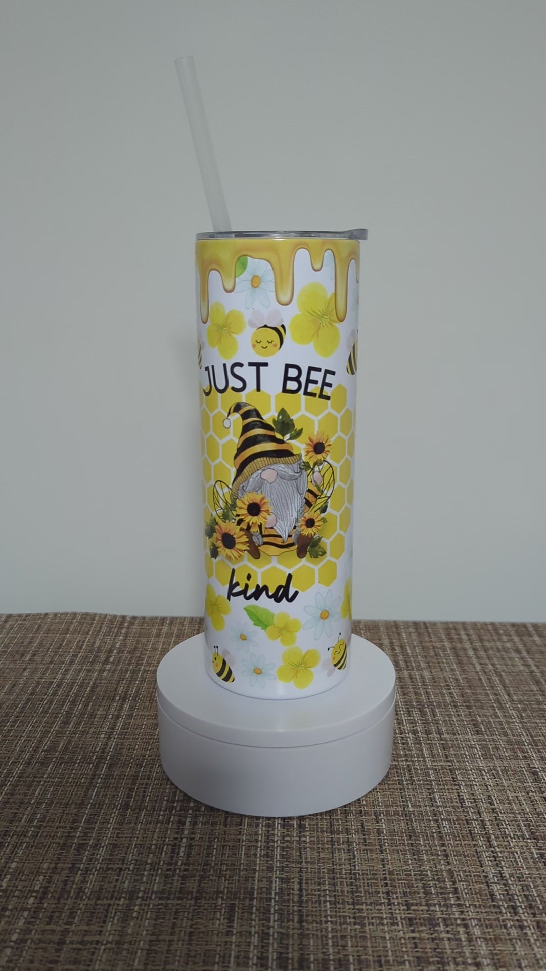 Just Bee Kind Honey Bee Gnome Tumbler 20oz With Reusable Straw, Can Be Personalized