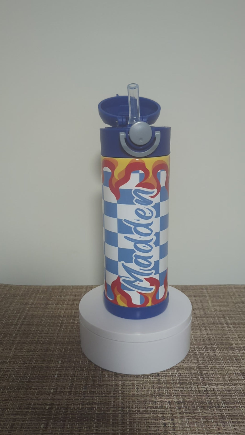 Kids Checkered Flames Water Bottle 12oz With Reusable Straw, Can Be Personalized