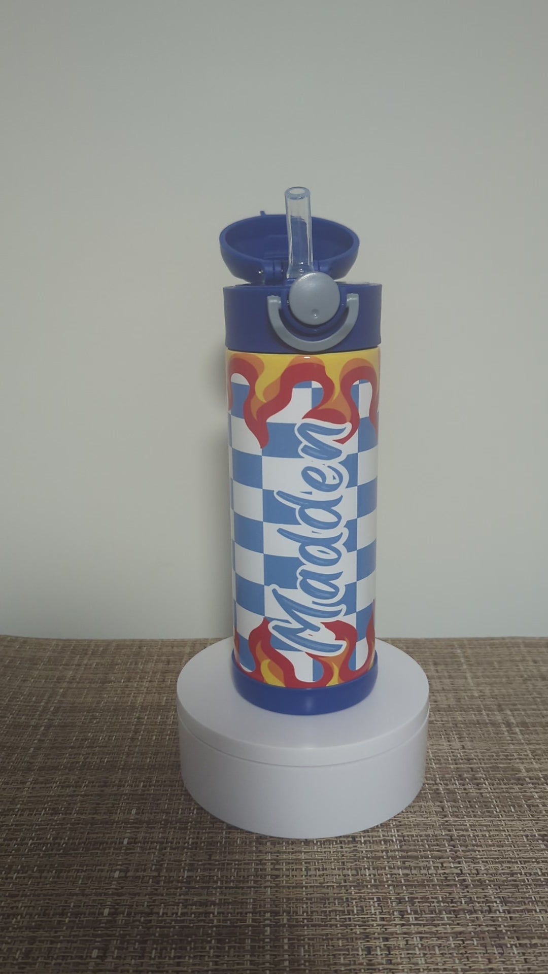 Kids Checkered Flames Water Bottle 12oz With Reusable Straw, Can Be Personalized