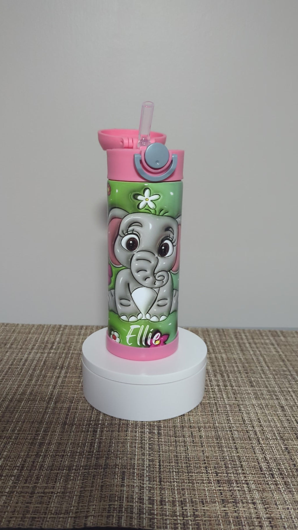 Adorable Kids Elephant Water Bottle 12oz With Reusable Straw Can Be Personalized