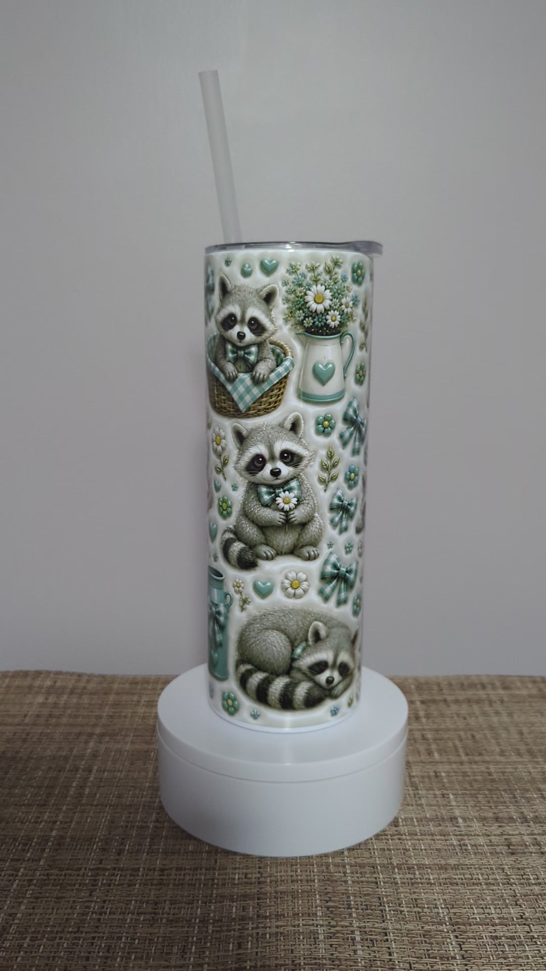 3D Design Raccoon Tumbler 20oz With Reusable Straw