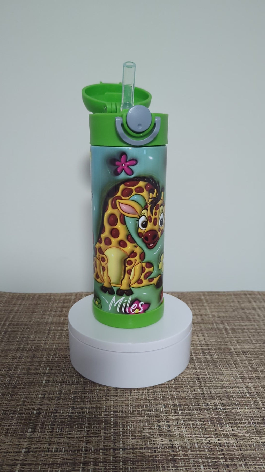 Kids Giraffe Water Bottle 12oz With Reusable Straw Can Be Personalized