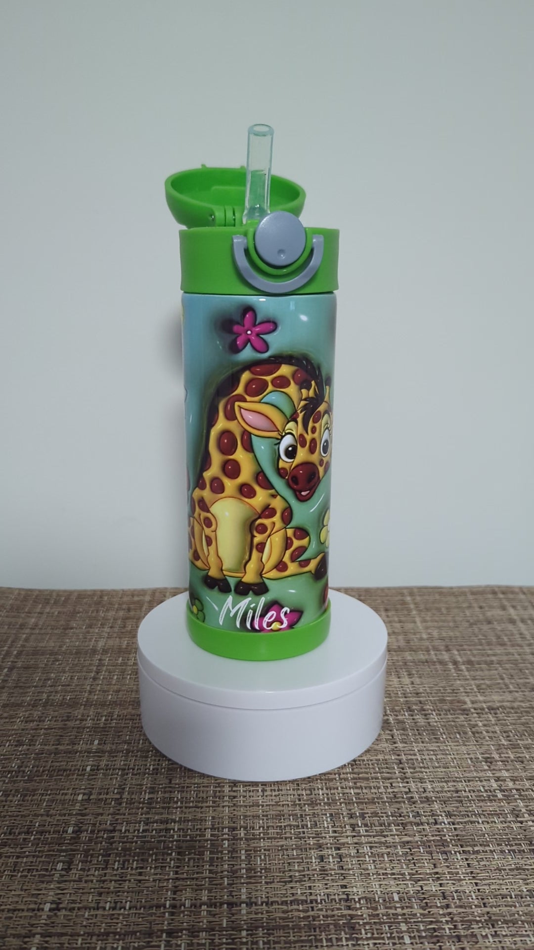 Kids Giraffe Water Bottle 12oz With Reusable Straw Can Be Personalized