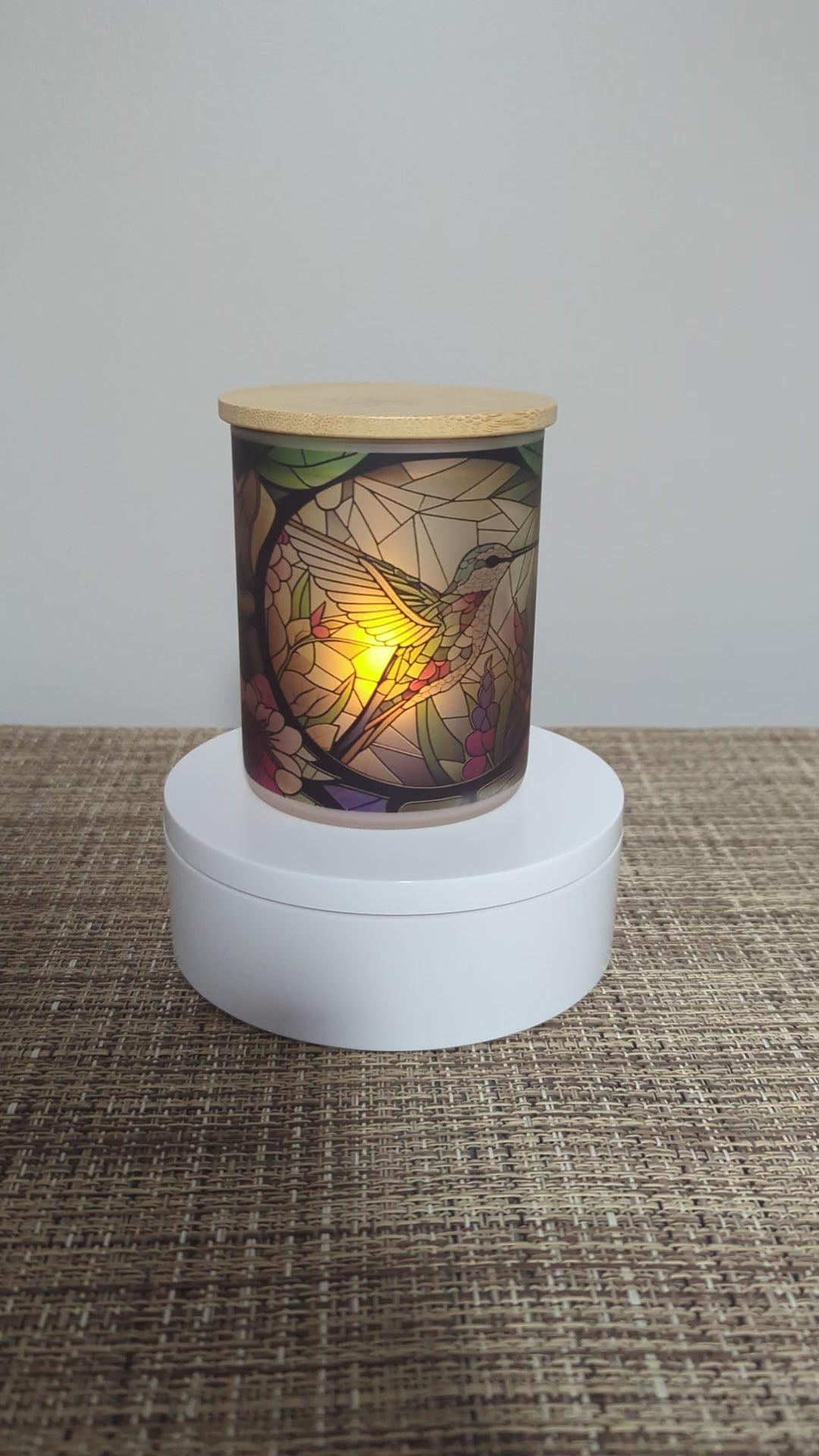 Stained Glass Hummingbird Candle Holder With A Battery Operated Flickering Tea Light
