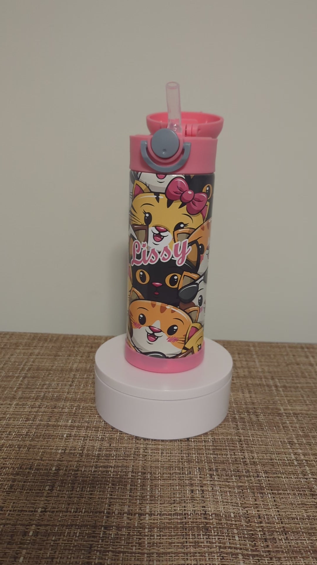 Kids Cat Water Bottle 12oz With Reusable Straw Can Be Personalized