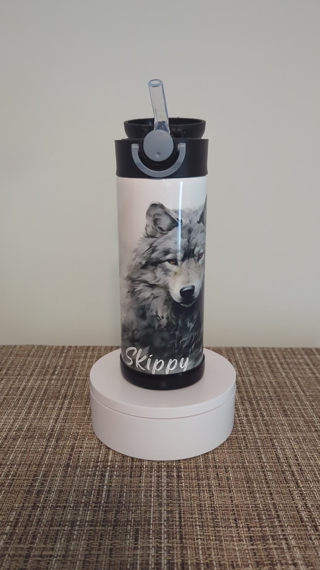 Kids Wolf Water Bottle 12oz With Reusable Straw Can Be Personalized