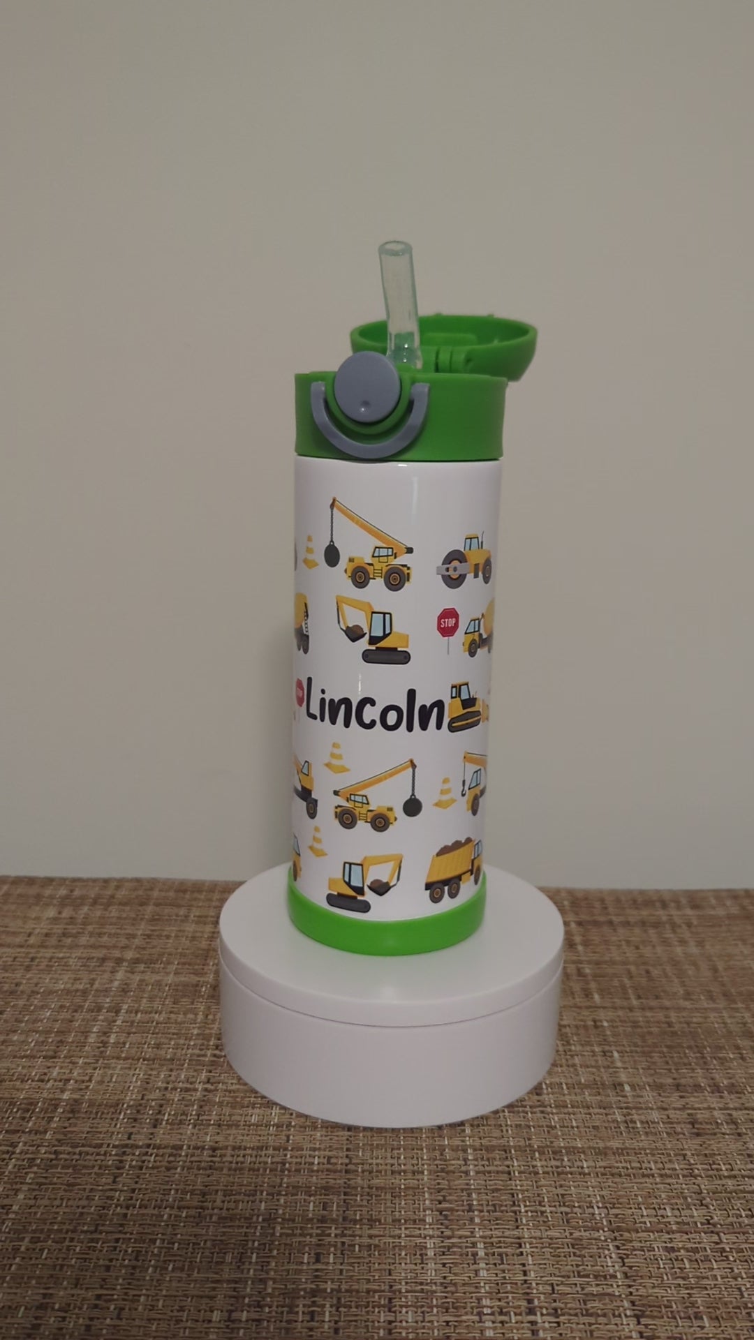 Kids Construction Water Bottle 12oz With Reusable Straw Can Be Personalized