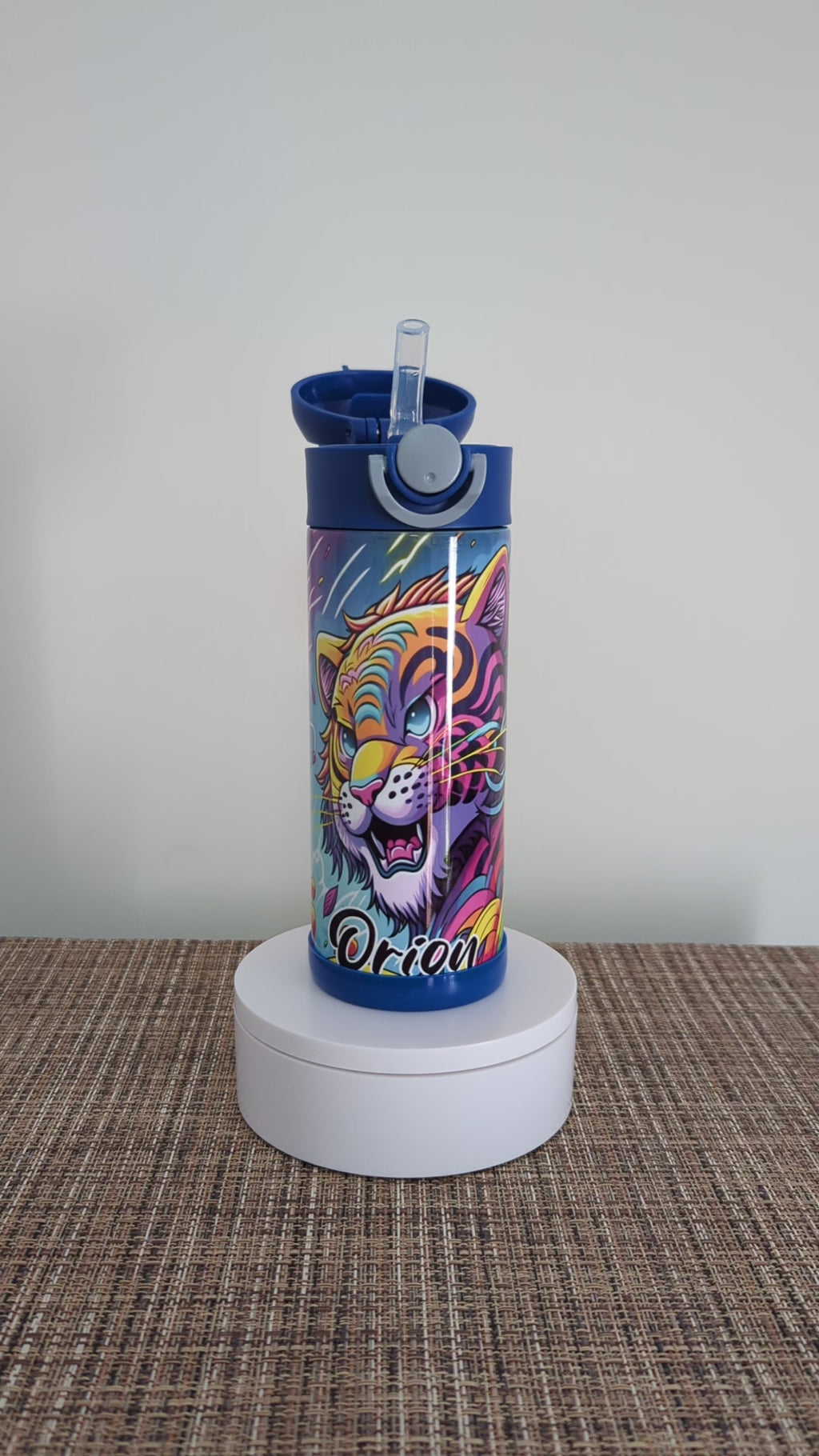 Kids Colorful Tiger Water Bottle 12oz With Reusable Straw Can Be Personalized