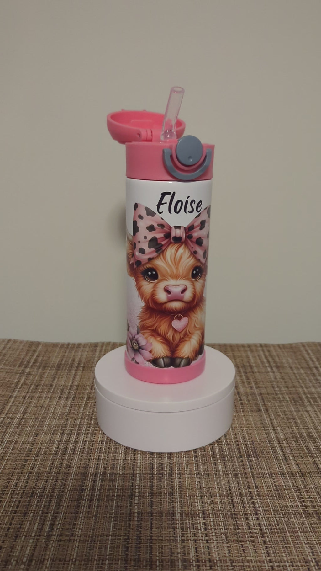 Kids Highland Cow Water Bottle 12oz With Reusable Straw Can Be Personalized