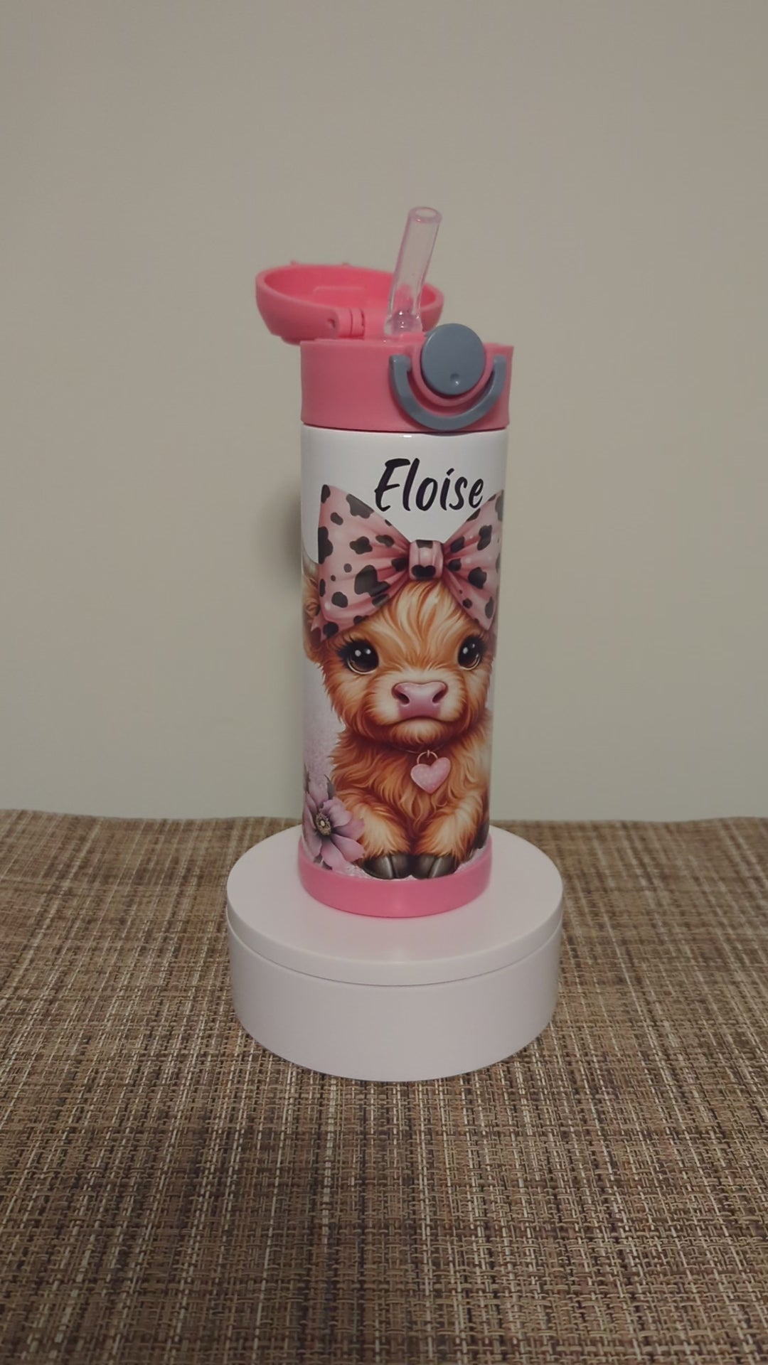 Kids Highland Cow Water Bottle 12oz With Reusable Straw Can Be Personalized